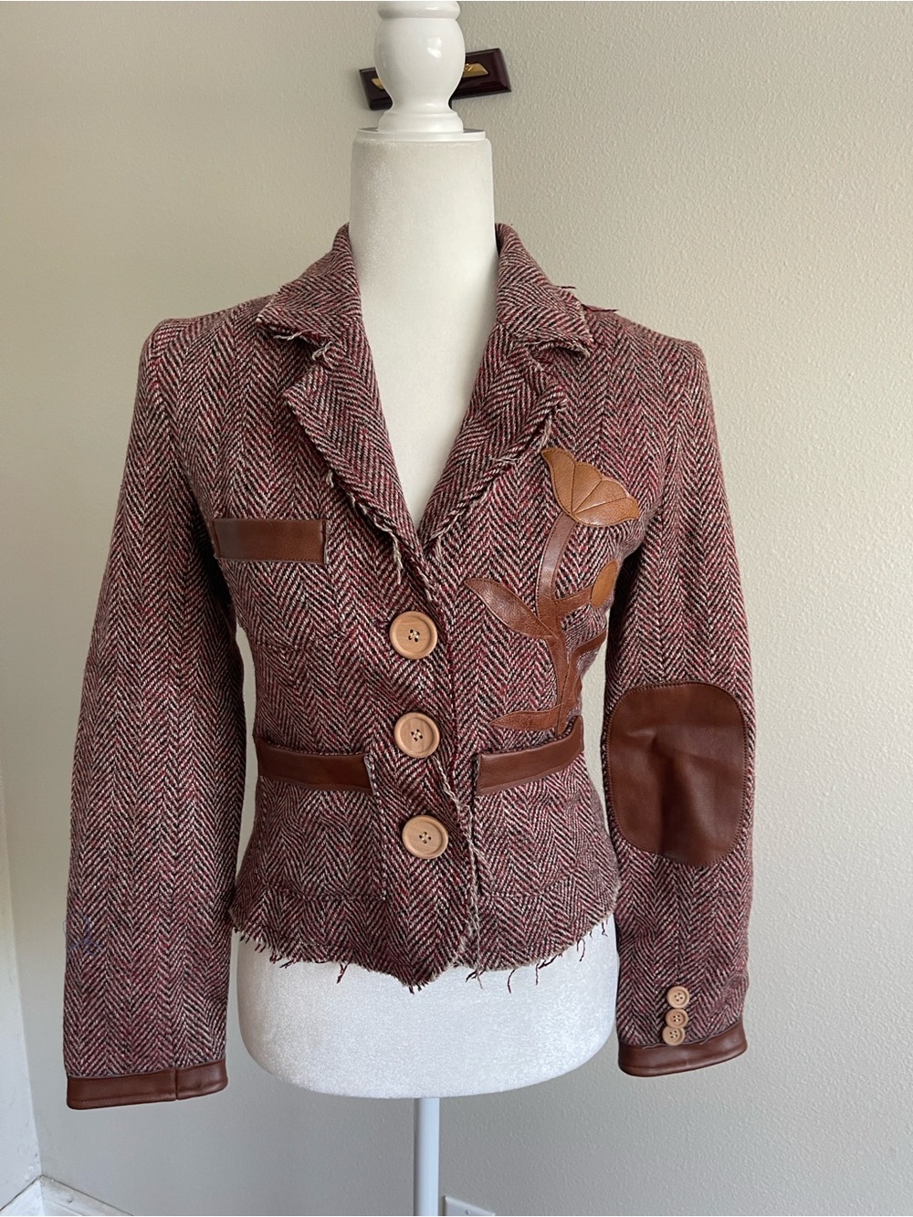 Vintage Forever 21 Rust Tweed Blazer with Brown Leather Accents